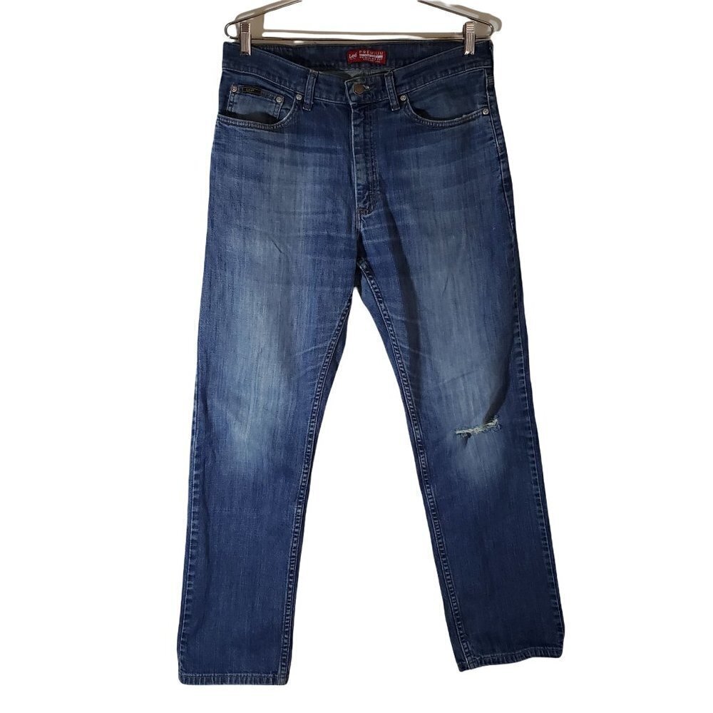 Lee Premium Select Jeans Med Wash Distress Leather Patch Reg Fit Straight Men 34